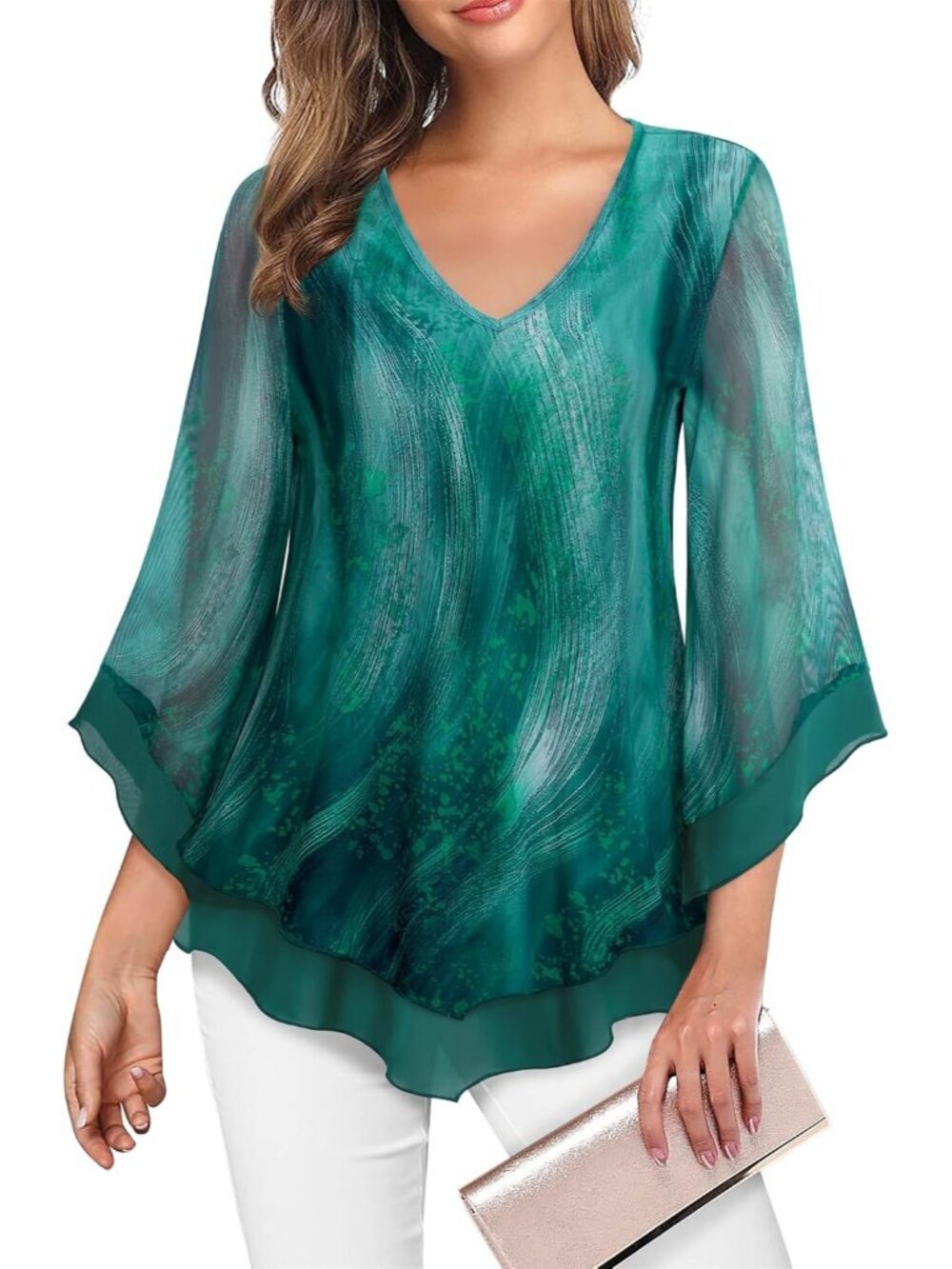 Women's Mesh Shirt Green Double Layer Ruffle 3/4 Flared Sleeve Blouse Tunic Top